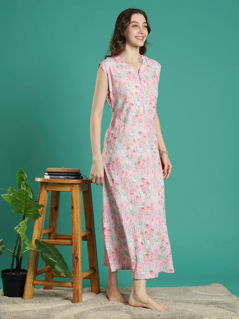 Pastel pink bamboo cotton sleeveless night dress for women