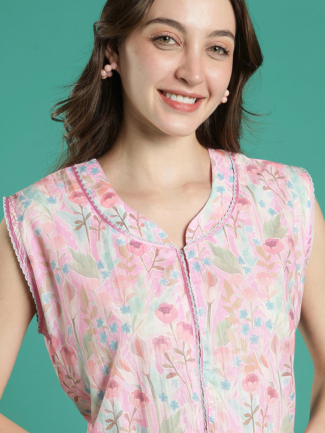 Pastel pink bamboo cotton sleeveless night dress for women