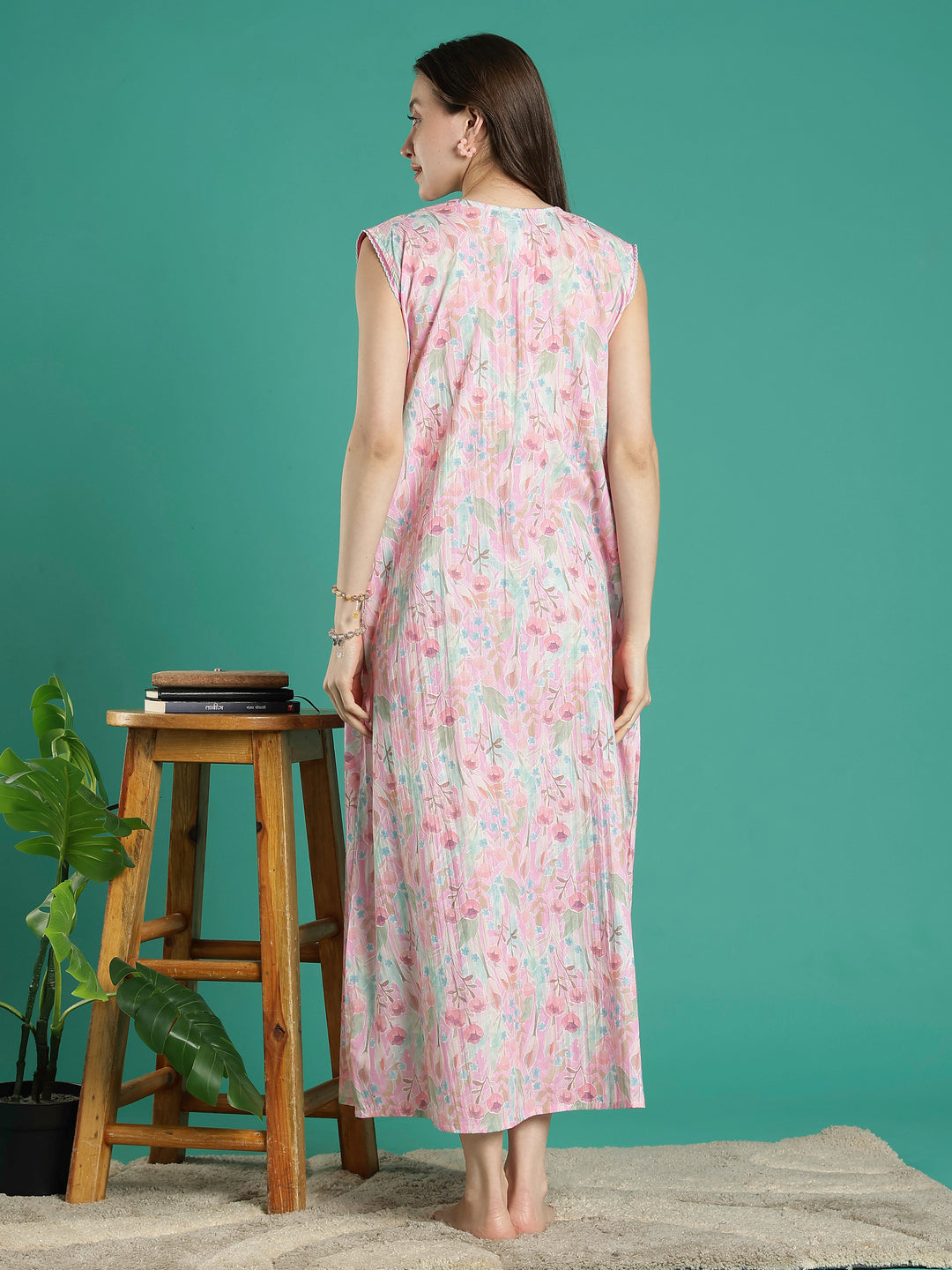 Pastel pink bamboo cotton sleeveless night dress for women