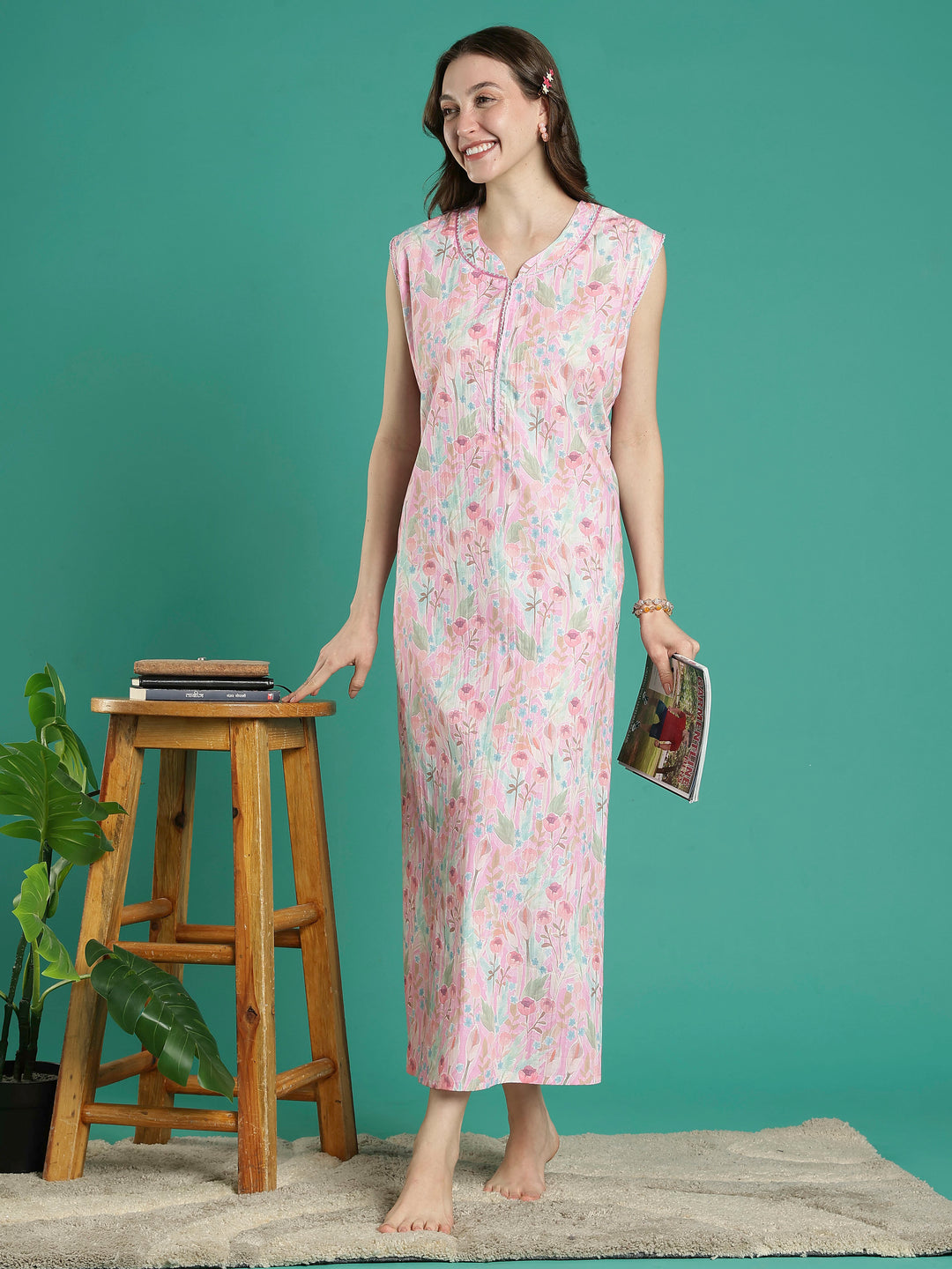 Pastel pink bamboo cotton sleeveless night dress for women