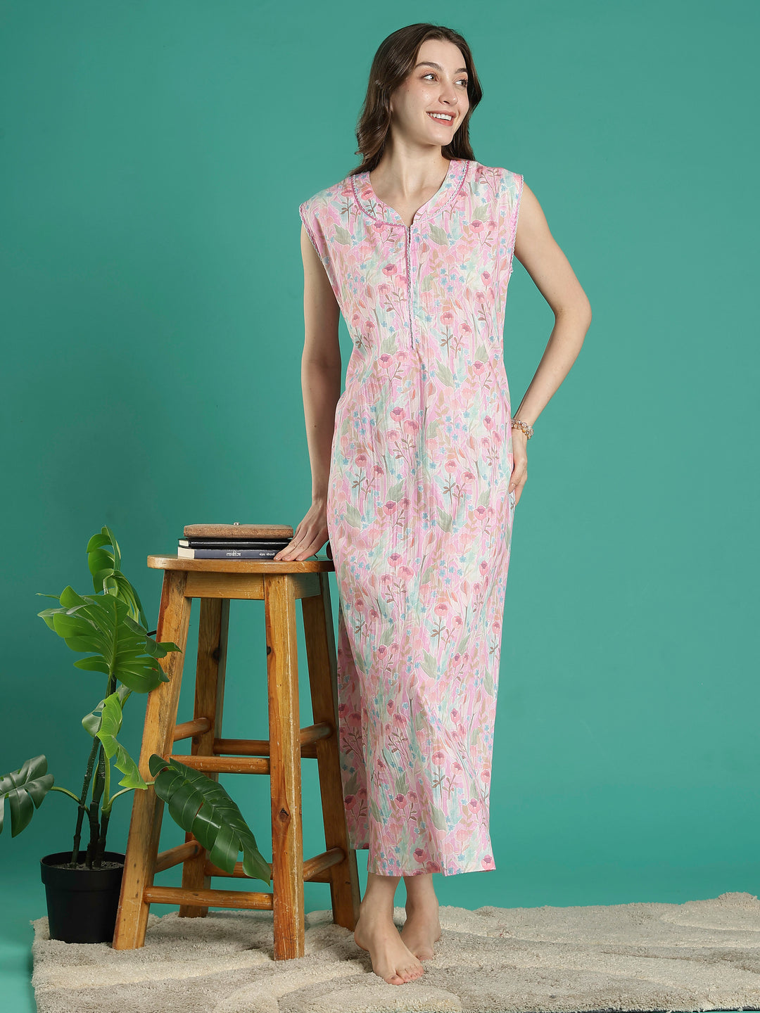 Pastel pink bamboo cotton sleeveless night dress for women