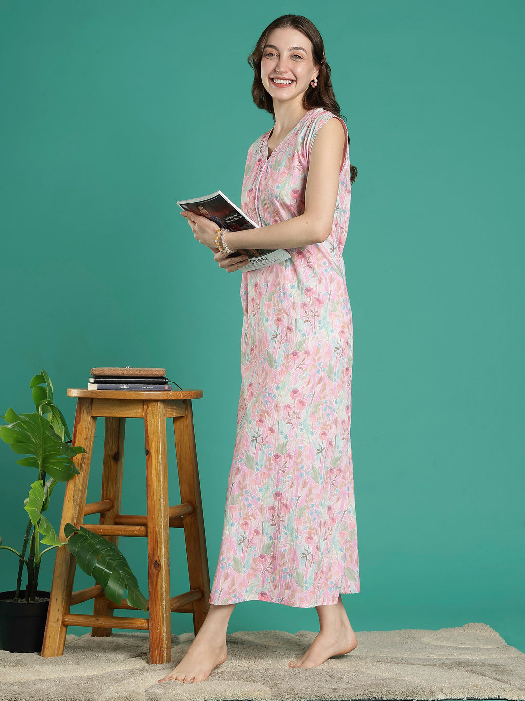 Pastel pink bamboo cotton sleeveless night dress for women