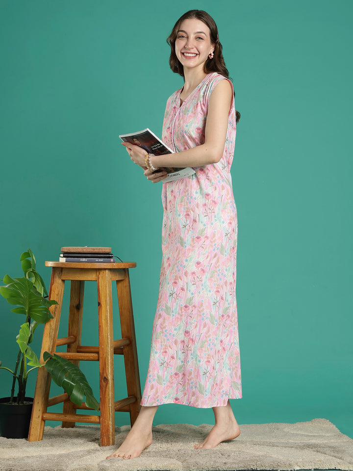 Pastel pink bamboo cotton sleeveless night dress for women