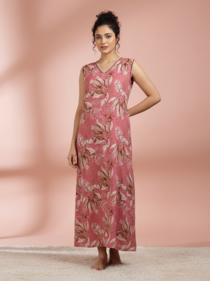 Blush pink a line branded sleeveless nighty for women