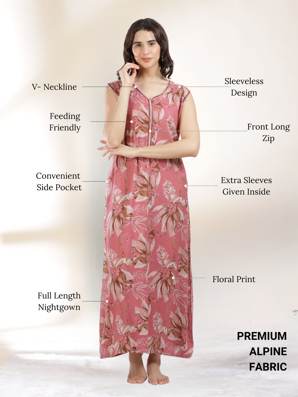 Blush pink a line branded sleeveless nighty for women