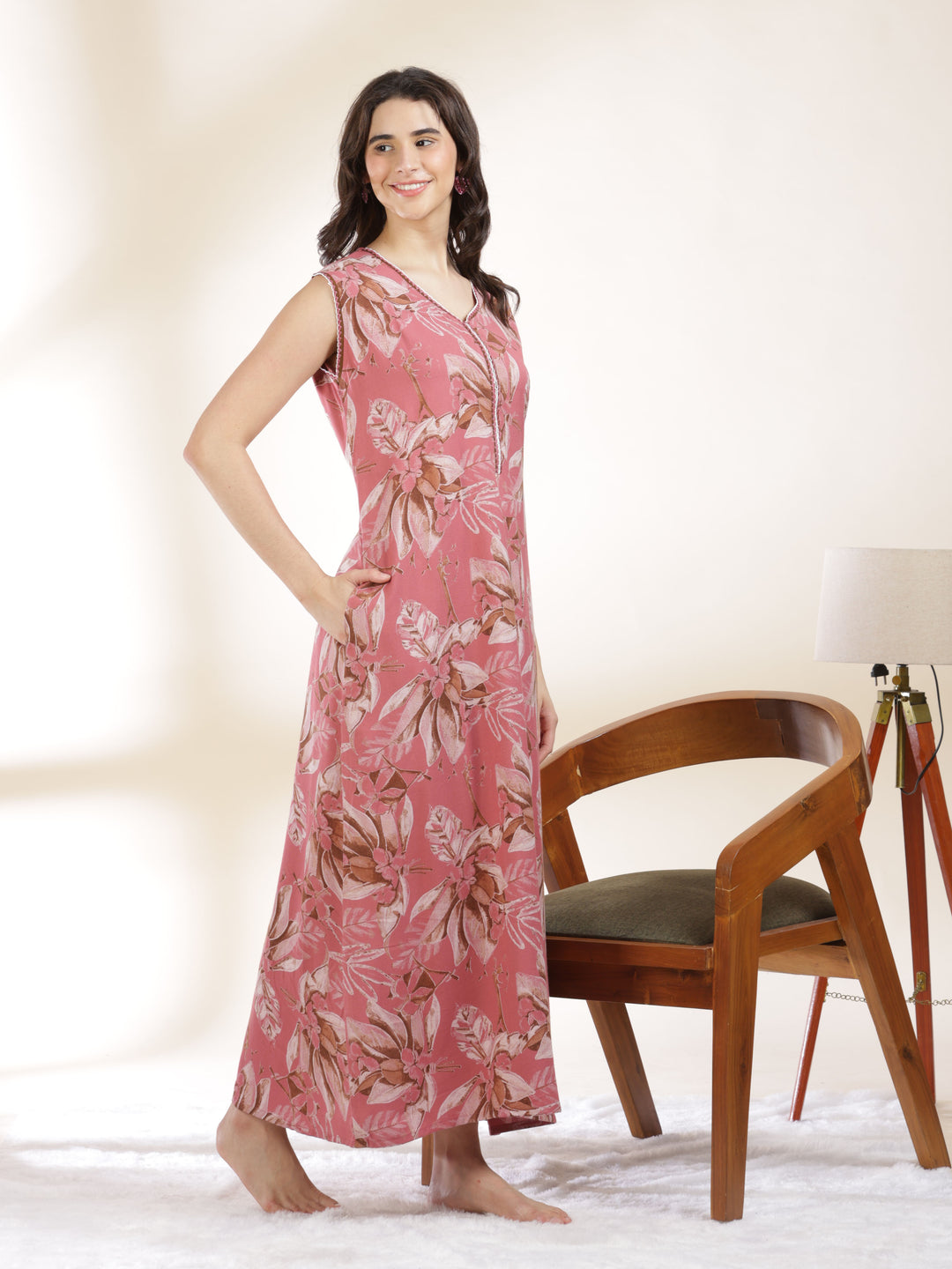 Blush pink a line branded sleeveless nighty for women