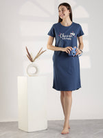Denim Blue Cotton Short Nightdress for Women In Plus Sizes