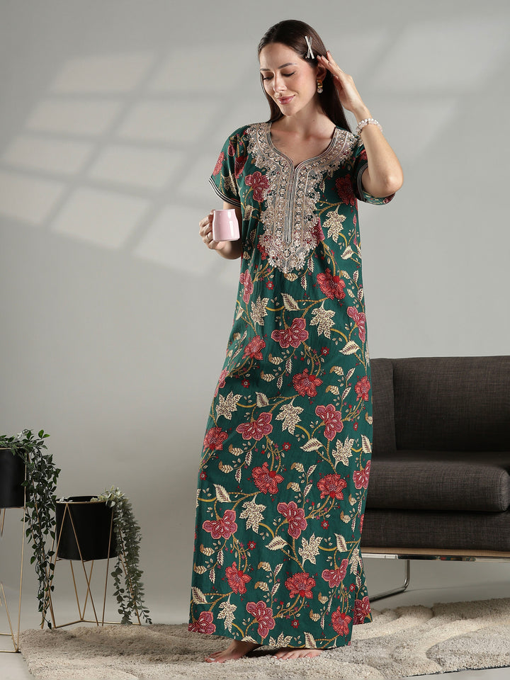Green premium pure cotton nighty dress for women