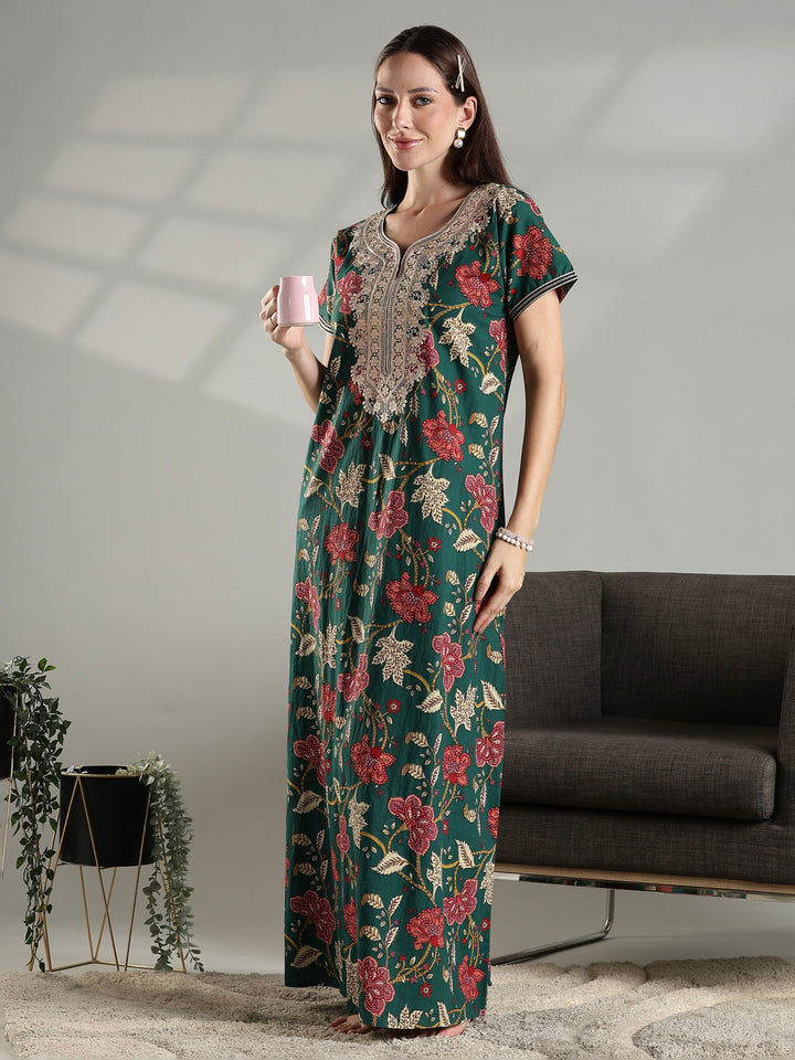 Green premium pure cotton nighty dress for women