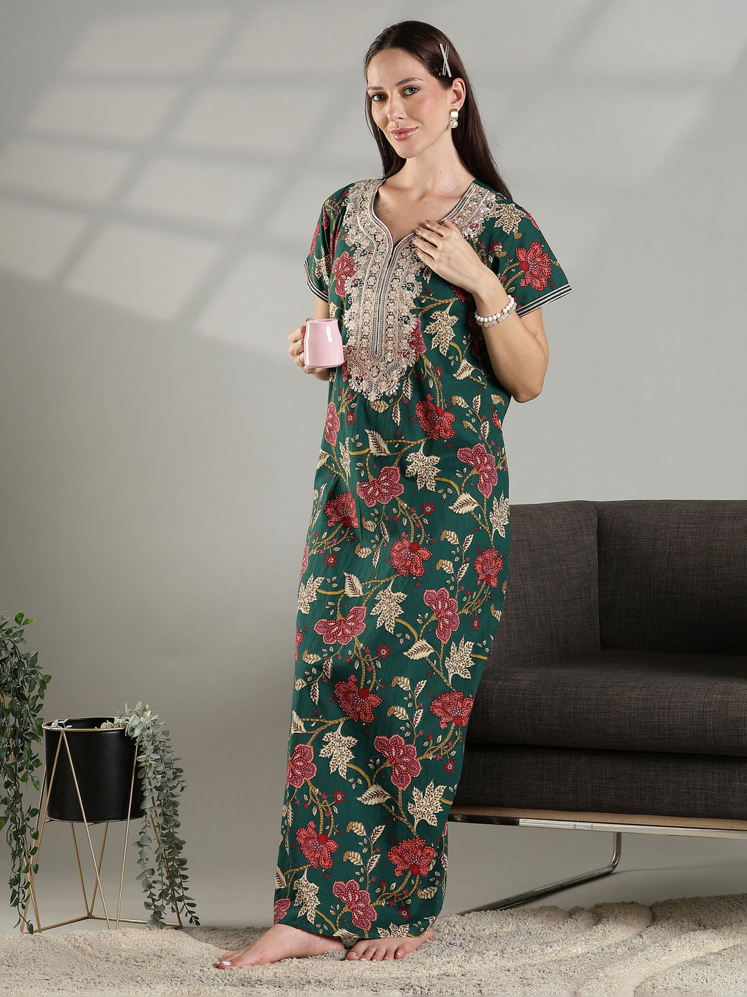 Green premium pure cotton nighty dress for women