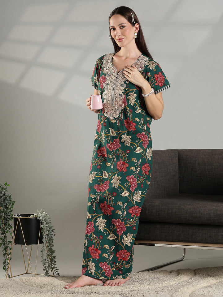 Green premium pure cotton nighty dress for women