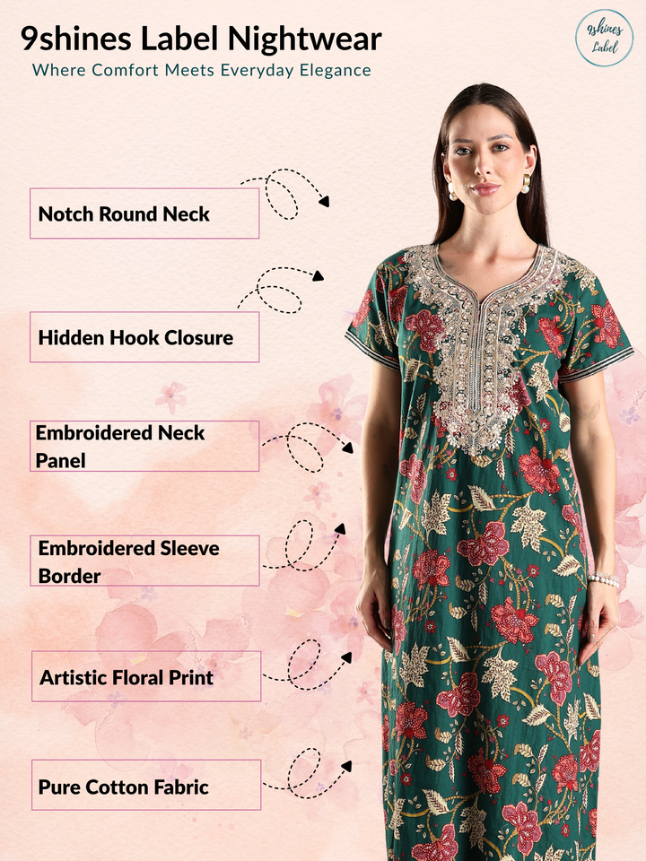 Green premium pure cotton nighty dress for women