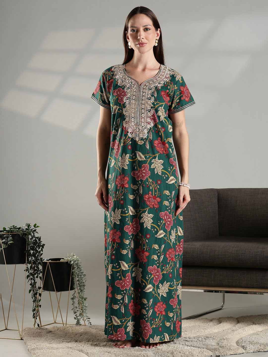 Green premium pure cotton nighty dress for women