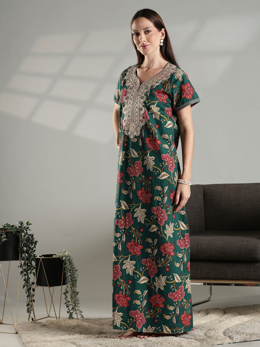 Green premium pure cotton nighty dress for women