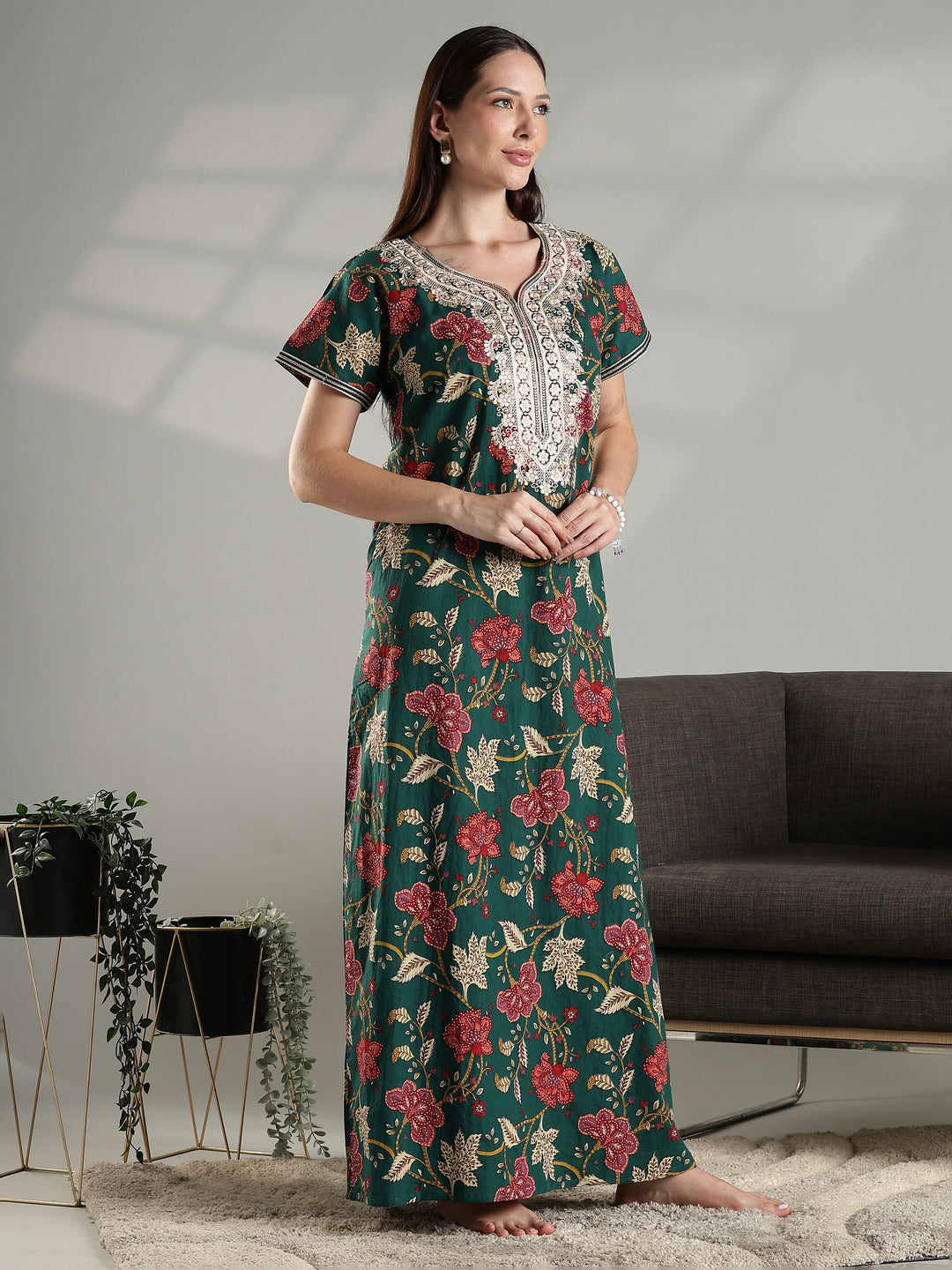 Green premium pure cotton nighty dress for women