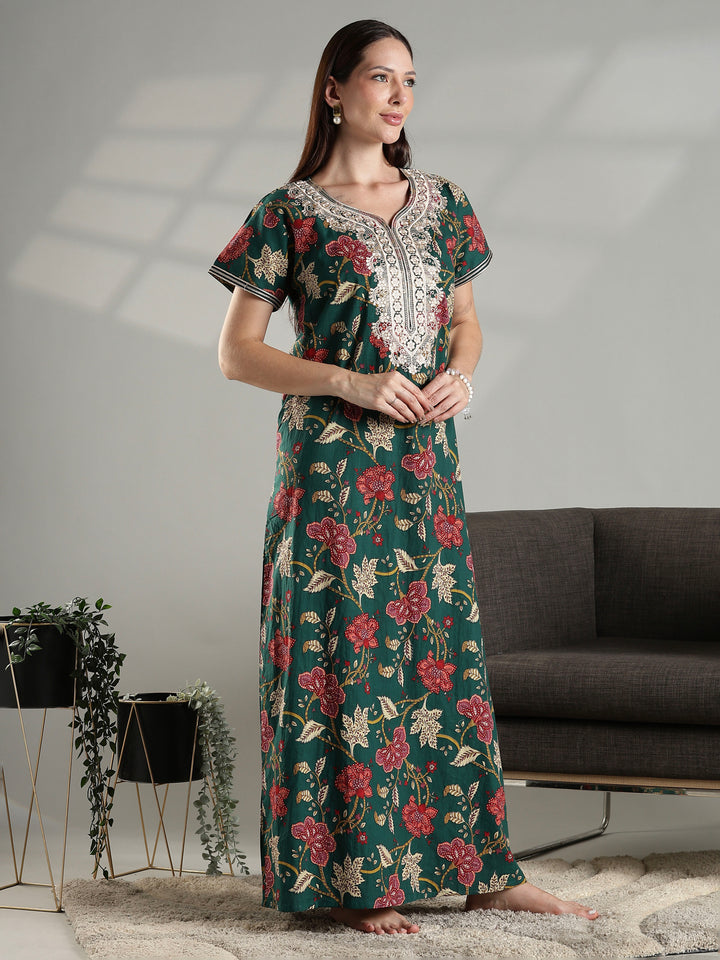 Green premium pure cotton nighty dress for women