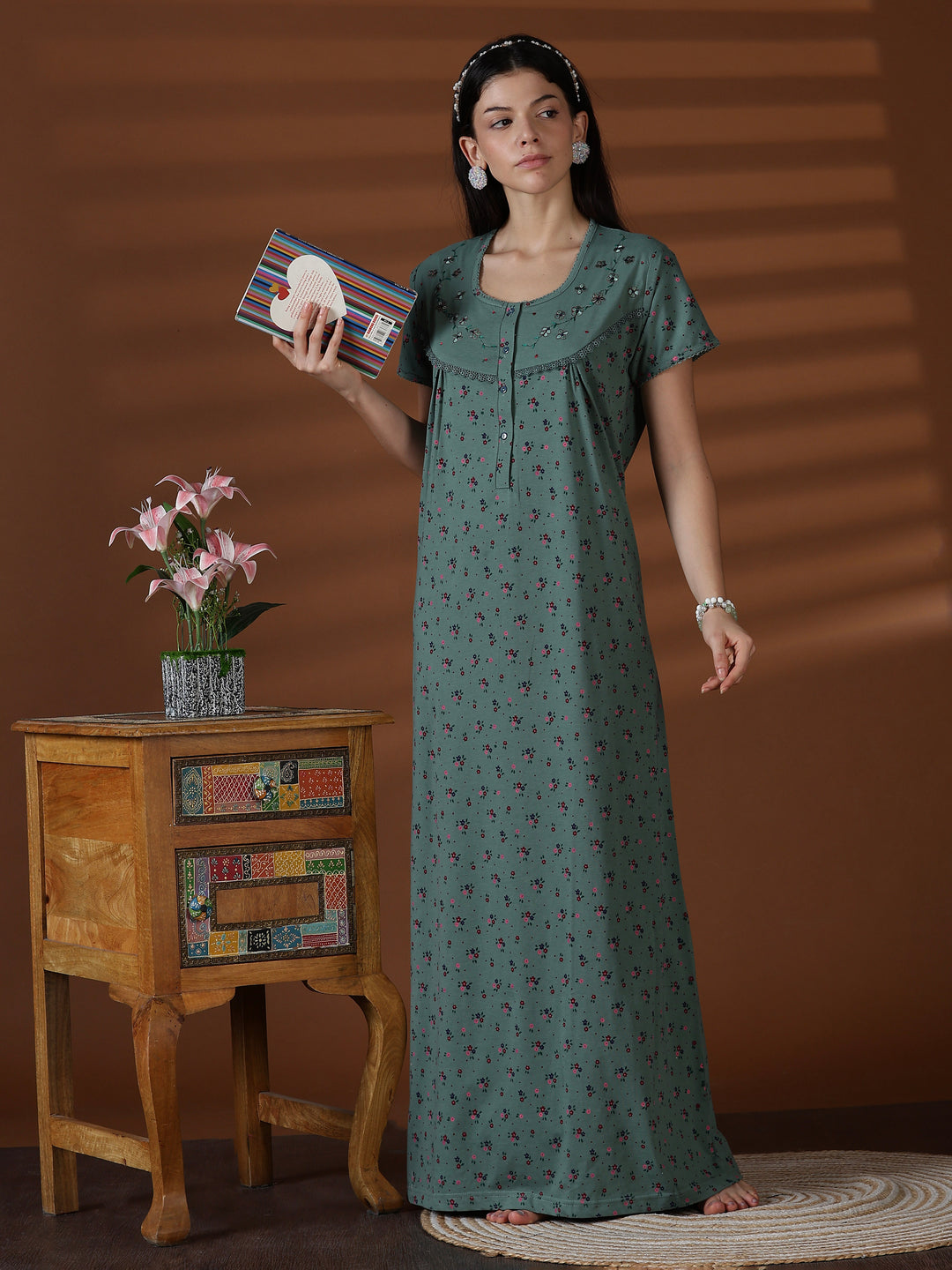 Green cotton blend premium front open nighty for women