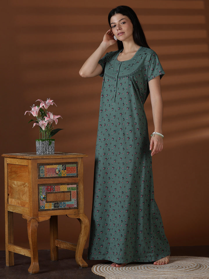 Green cotton blend premium front open nighty for women