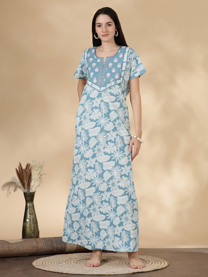 Teal floral Kantha work pure cotton nighty for women