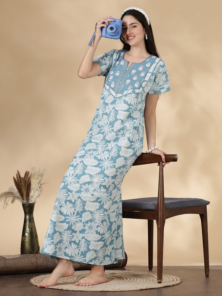 Teal floral Kantha work pure cotton nighty for women