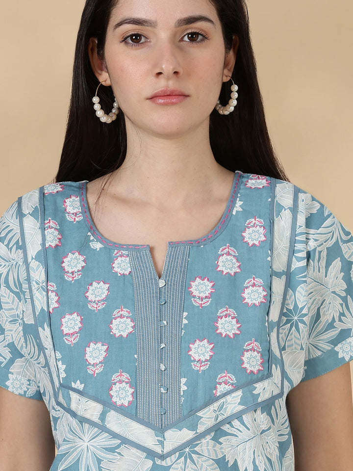 Teal floral Kantha work pure cotton nighty for women