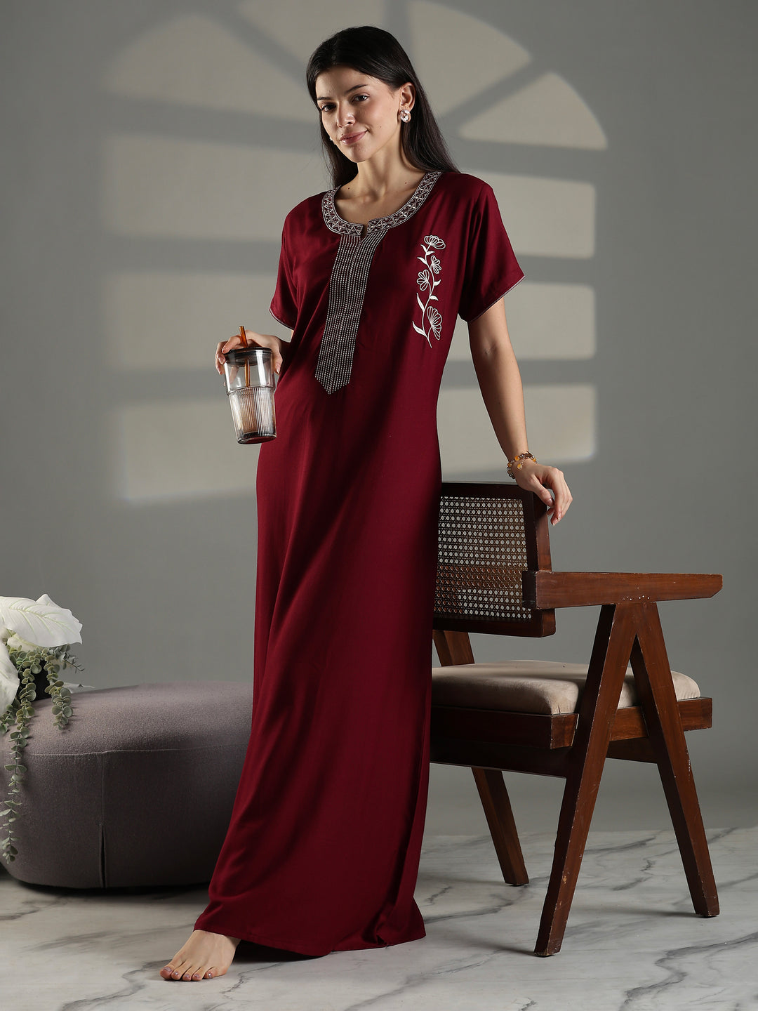Ruby red premium nightwear for women with embroidery
