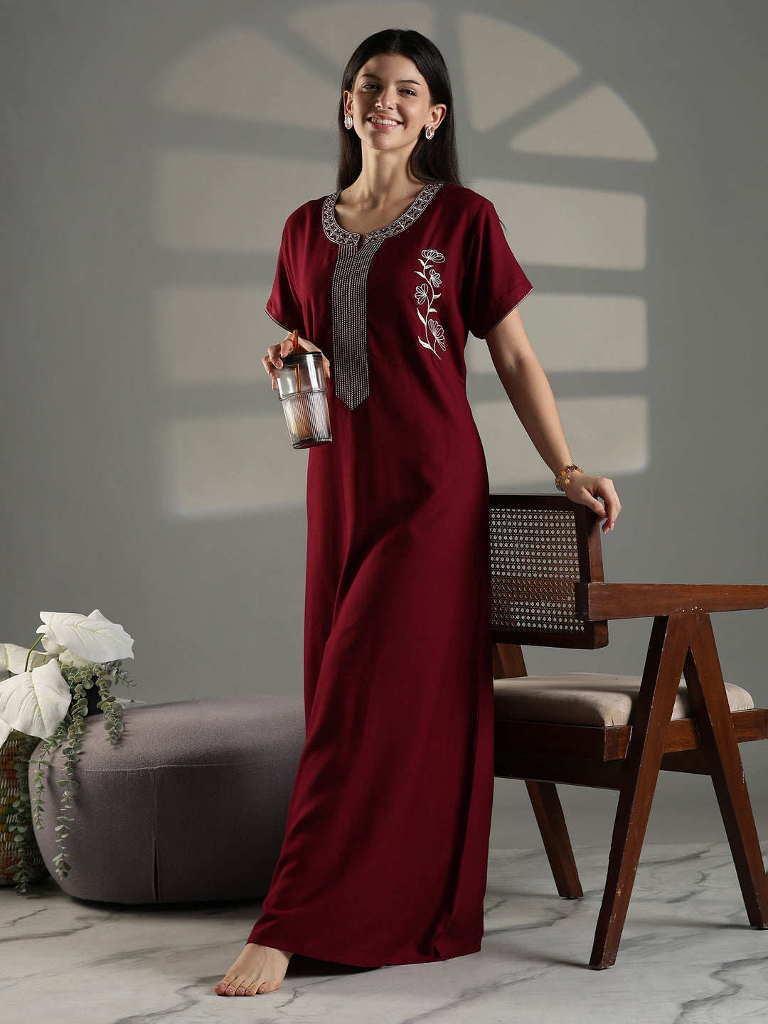 Ruby red premium nightwear for women with embroidery