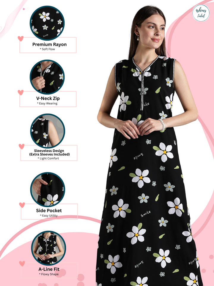 Midnight daisy rayon premium sleeveless nighty for women