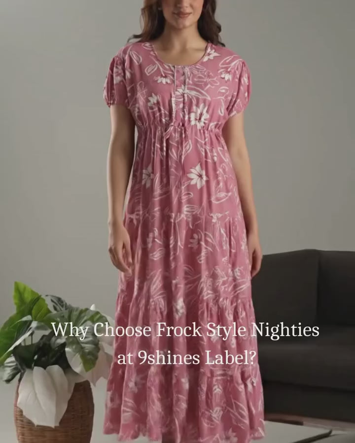 Old Rose Pink Floral Frock Style Nighty for Women with Drawstring Waist