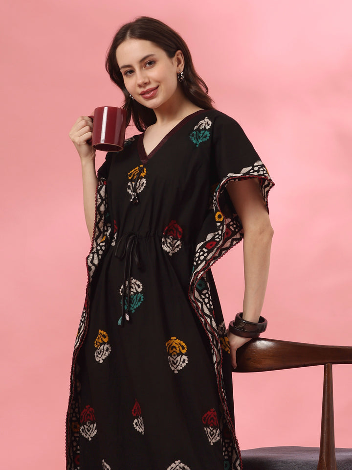 Black motif cotton kaftan nighty for women online