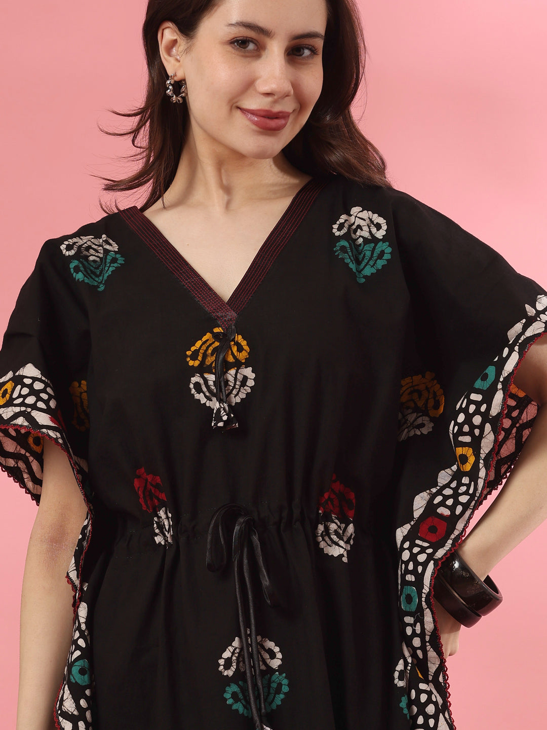 Black motif cotton kaftan nighty for women online