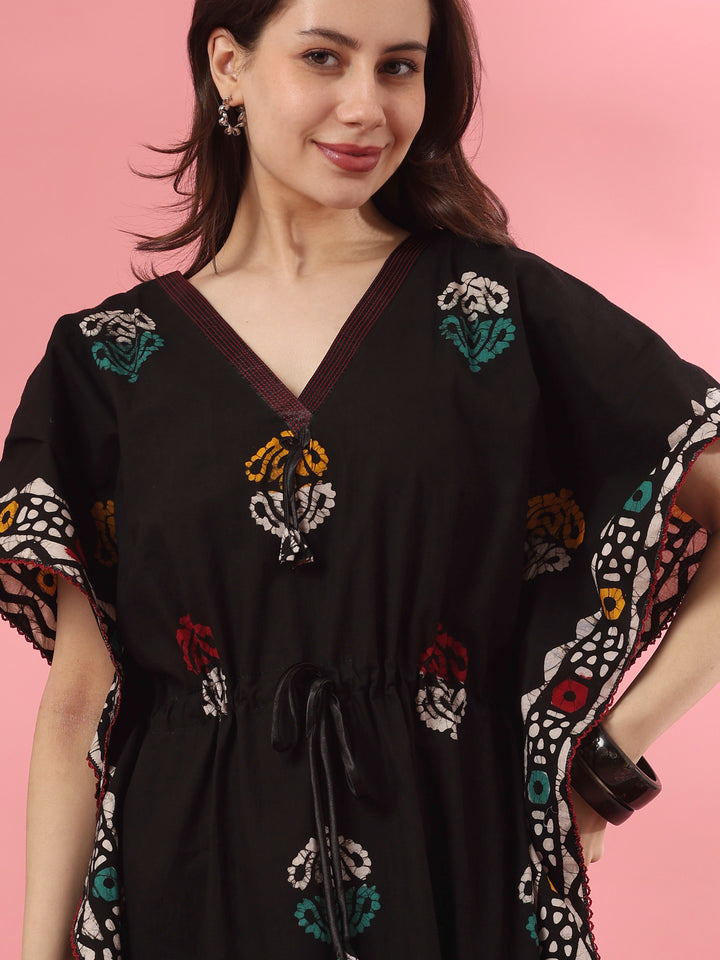 Black motif cotton kaftan nighty for women online