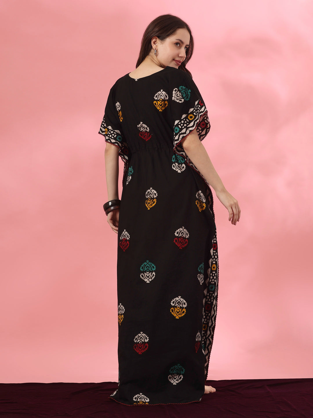 Black motif cotton kaftan nighty for women online