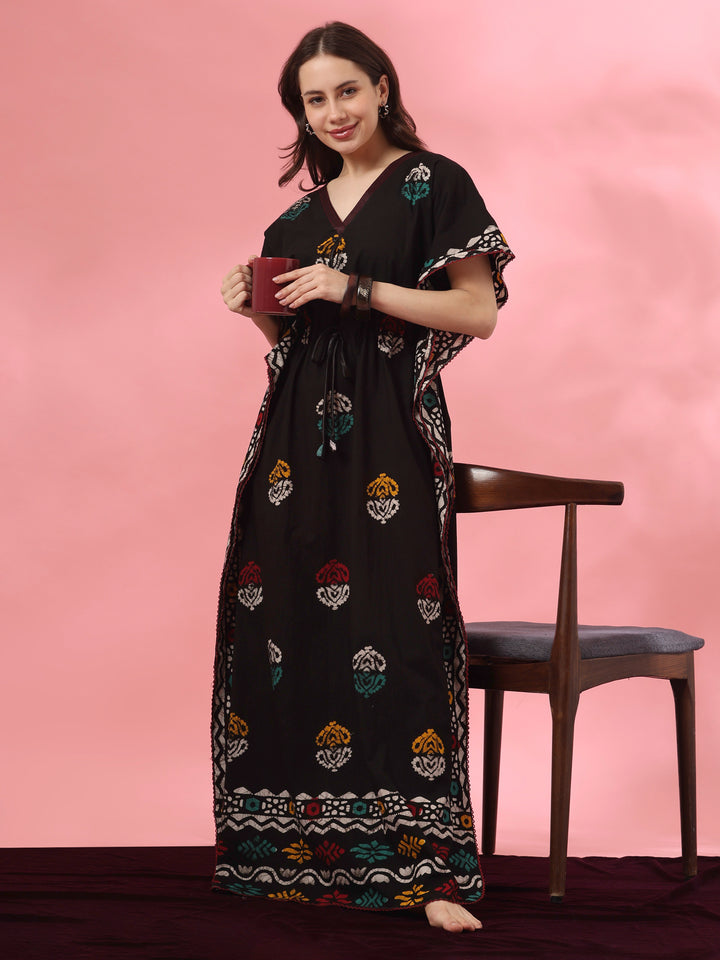 Black motif cotton kaftan nighty for women online