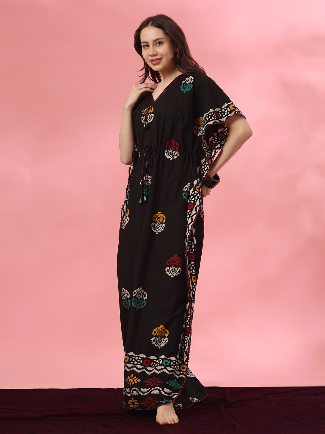 Black motif cotton kaftan nighty for women online