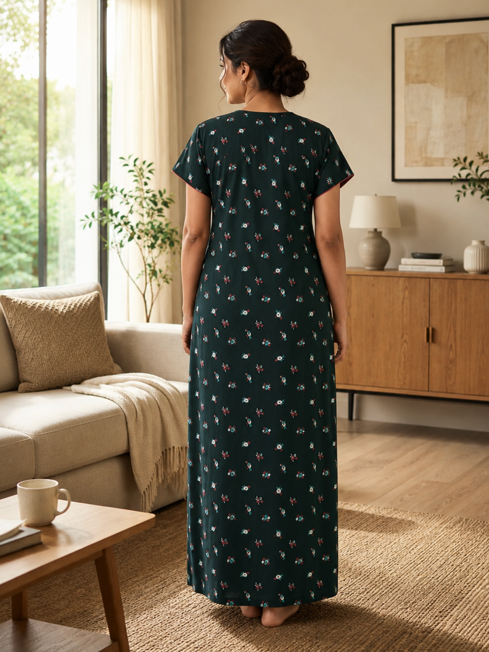 Bottle green cotton blend designer nighty for women online