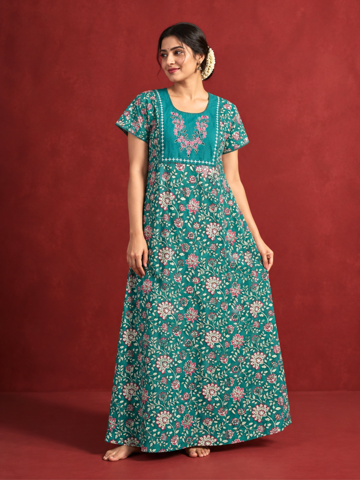 Teal floral cotton nighty dress for women online