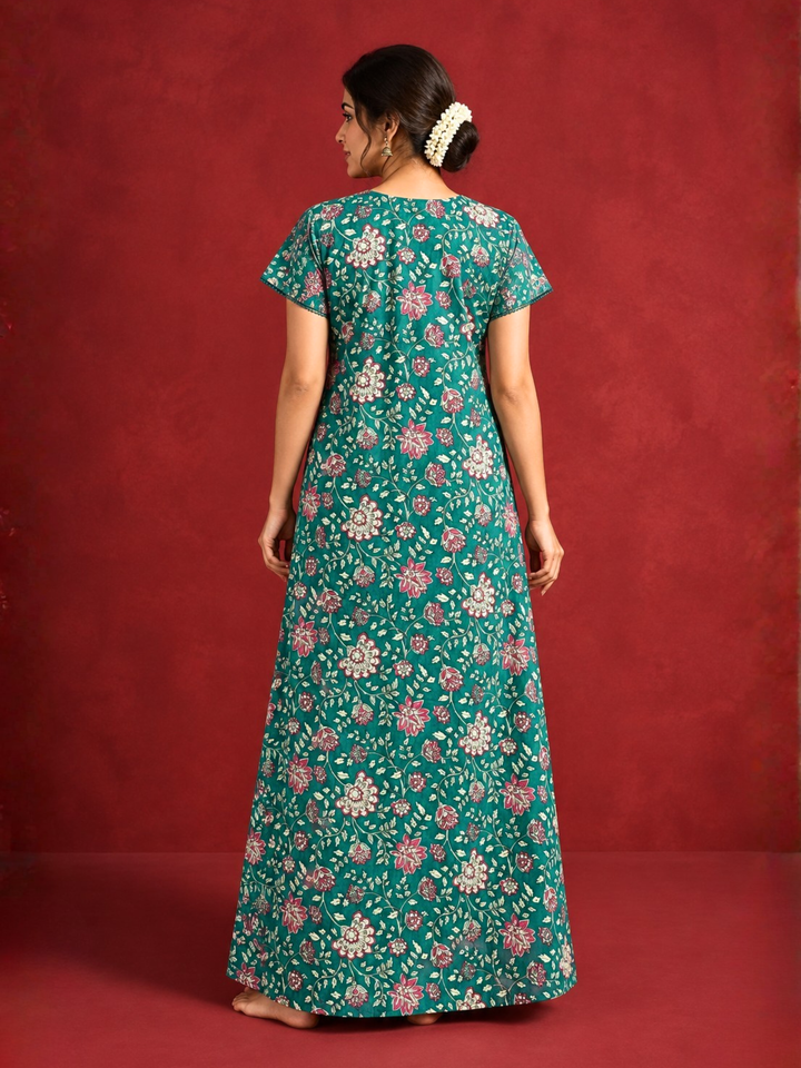 Teal floral cotton nighty dress for women online