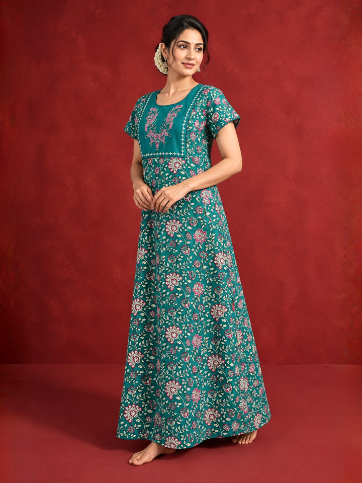 Teal floral cotton nighty dress for women online
