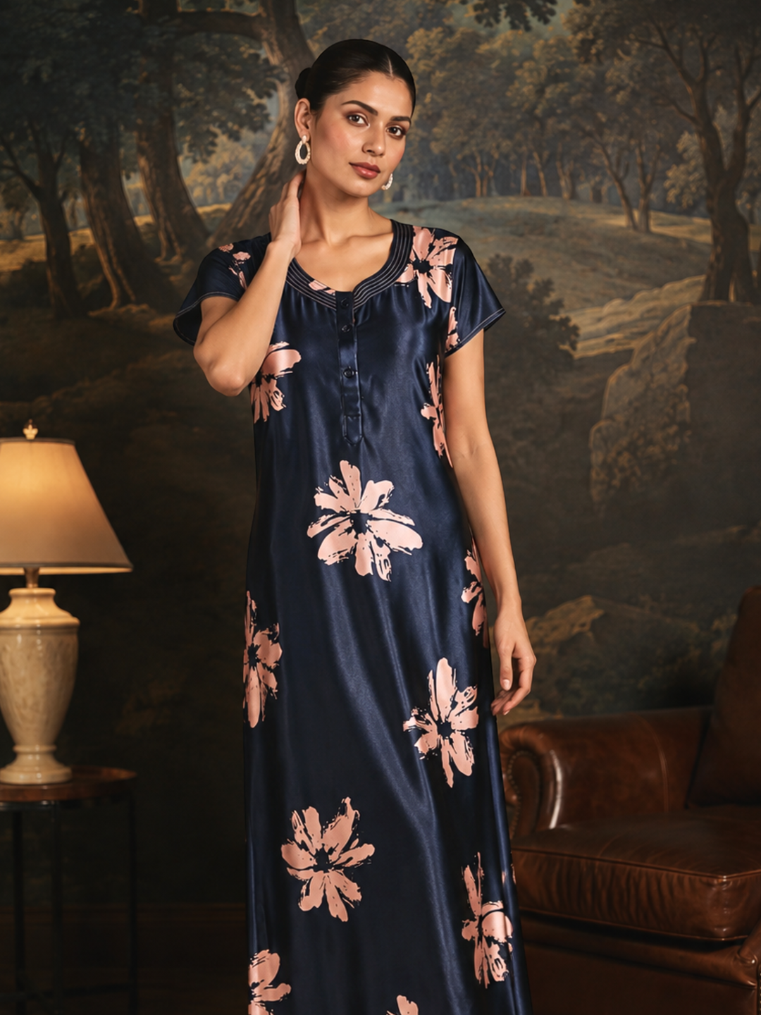 Glossy navy floral satin nighty dress for women