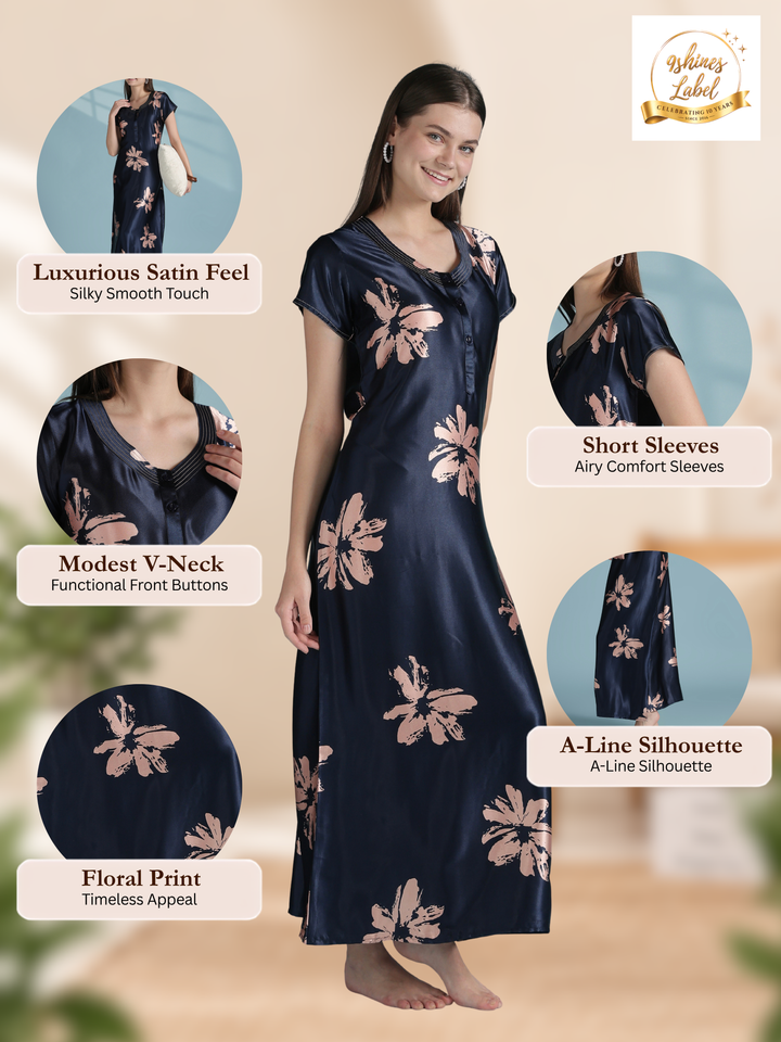 Glossy navy floral satin nighty dress for women