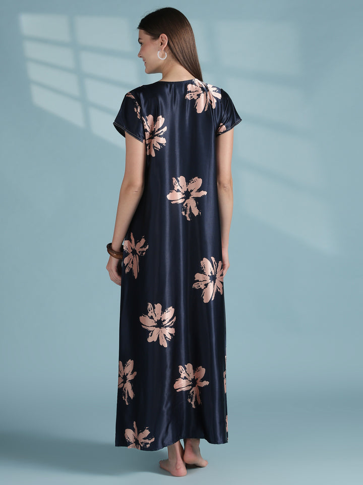 Glossy navy floral satin nighty dress for women