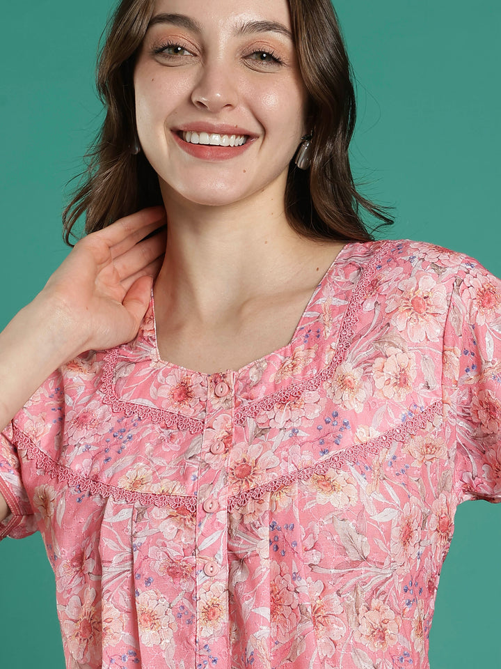 Peach pink 100% pure cotton floral night dress for women