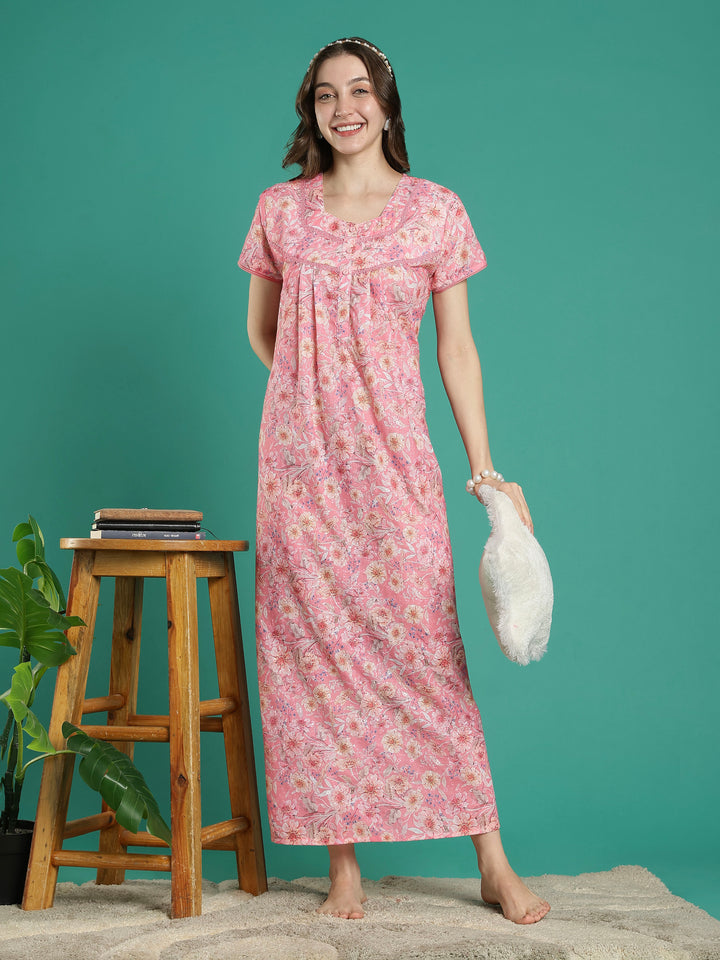 Peach pink 100% pure cotton floral night dress for women