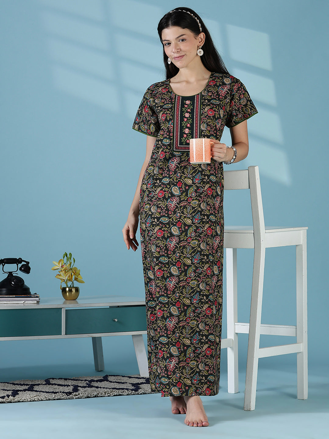 Green floral a line pure cotton night dress for women
