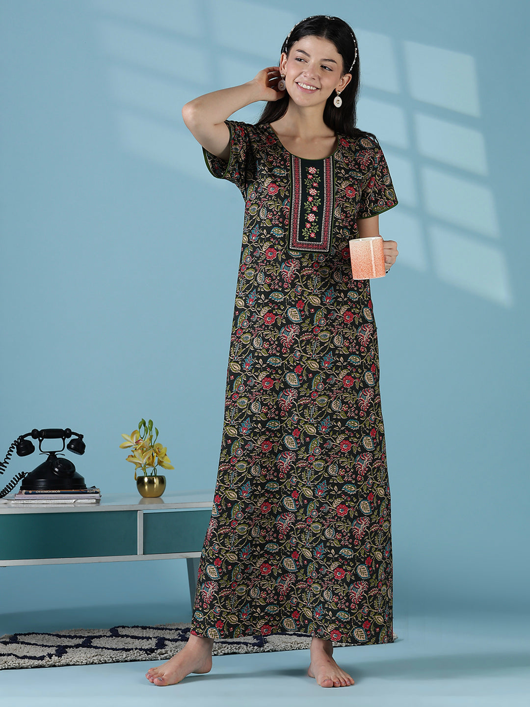 Green floral a line pure cotton night dress for women