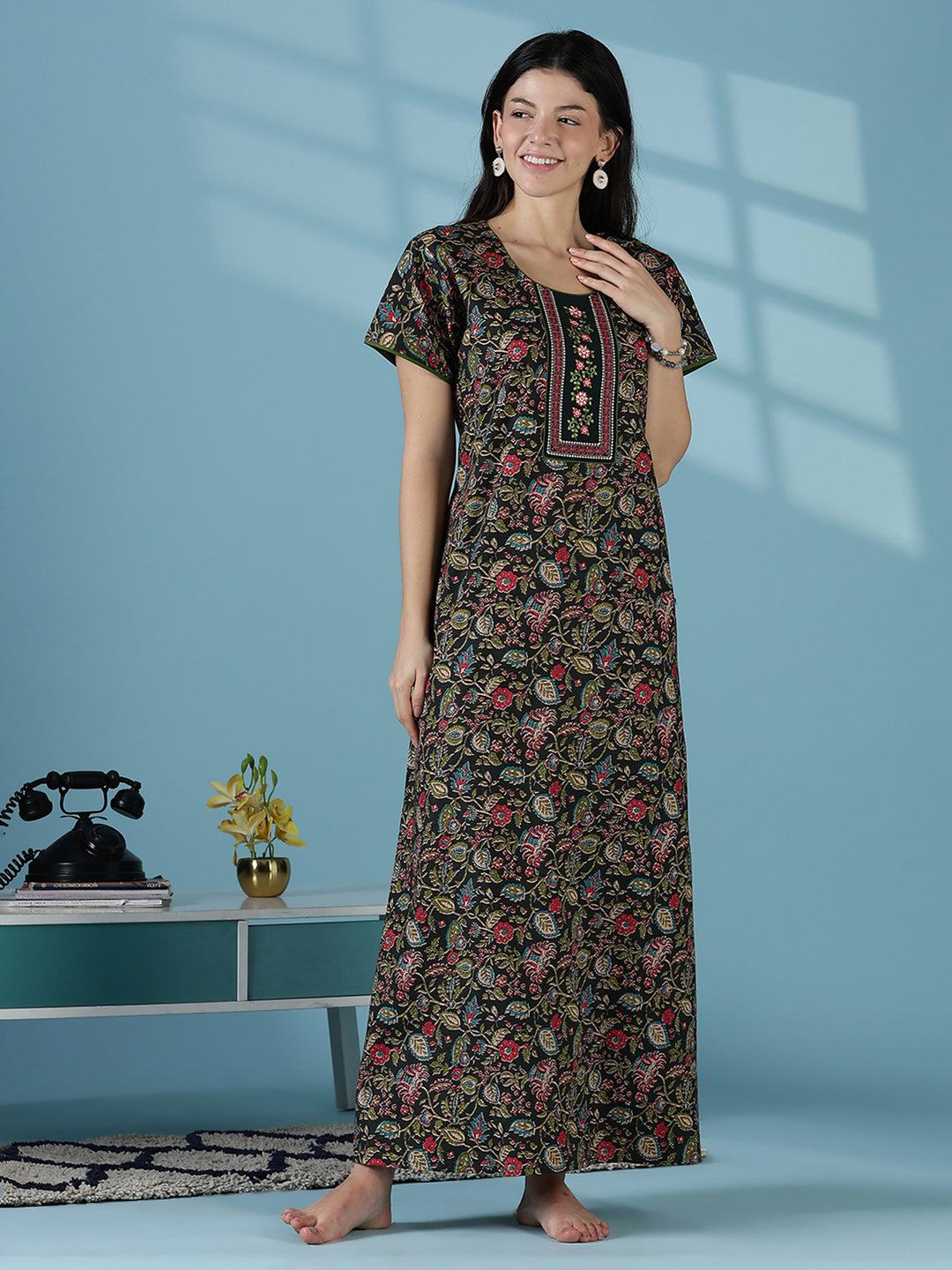 Green floral a line pure cotton night dress for women