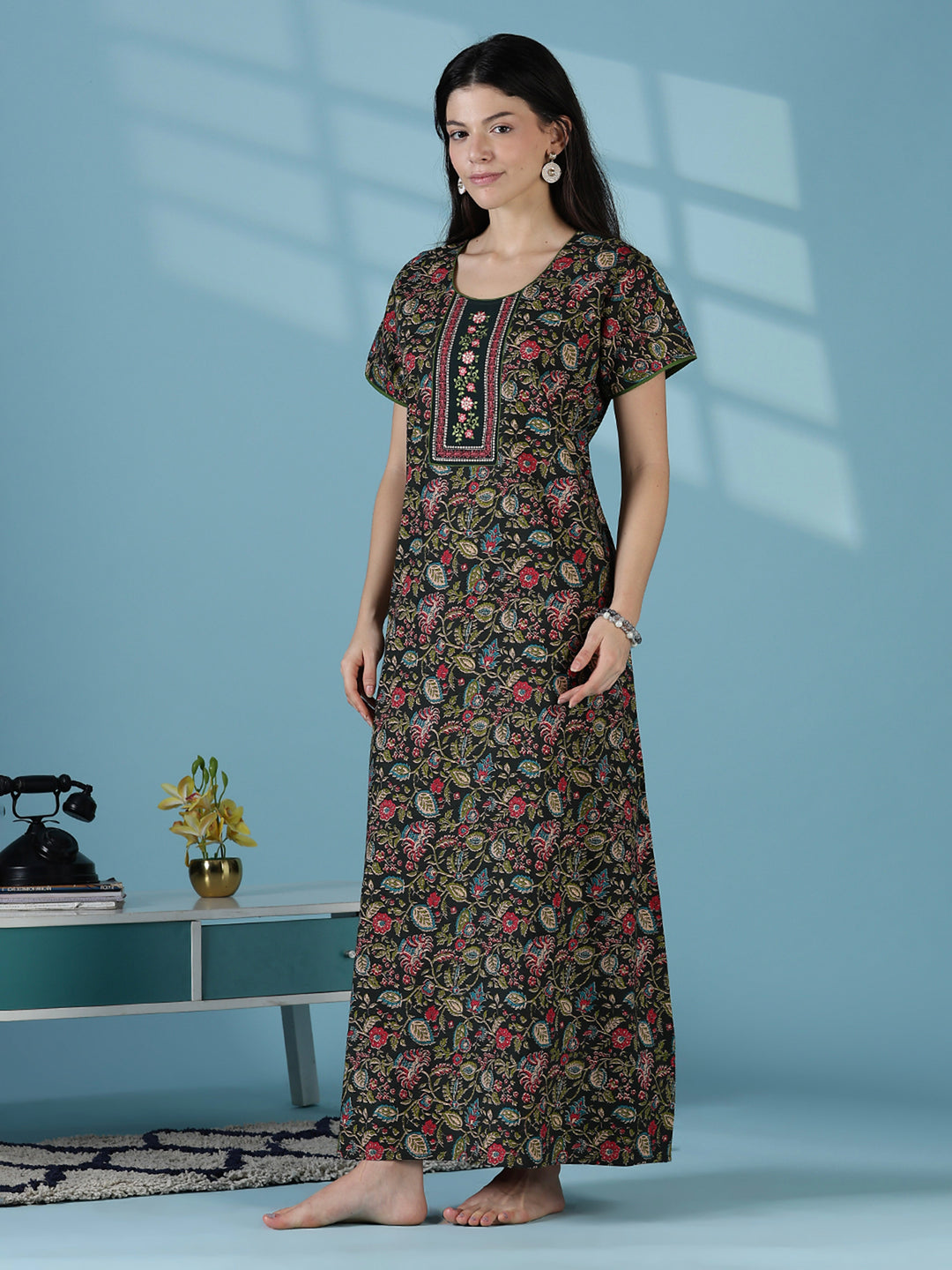 Green floral a line pure cotton night dress for women