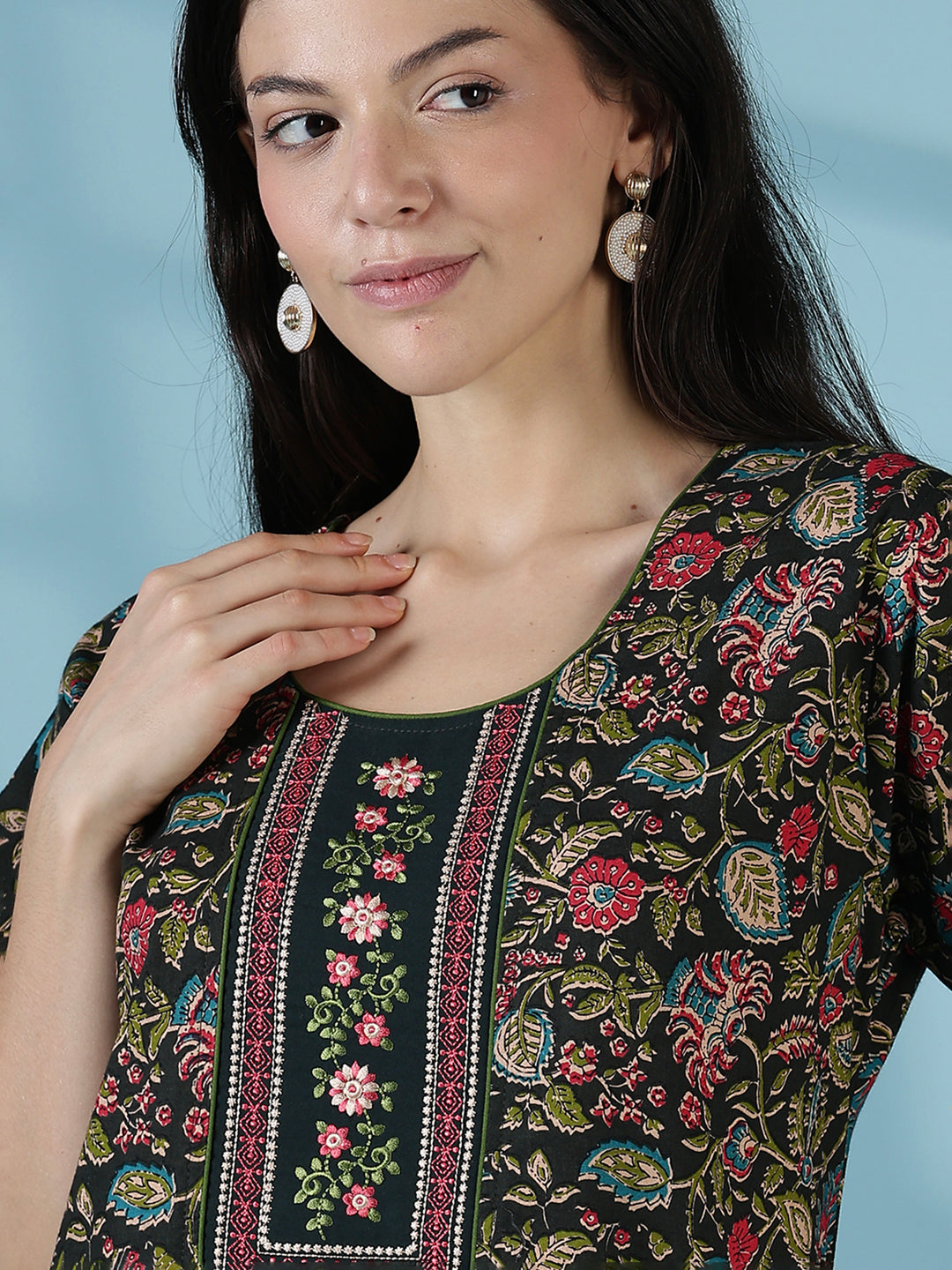 Green floral a line pure cotton night dress for women