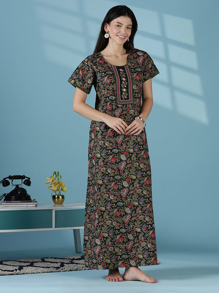 Green floral a line pure cotton night dress for women